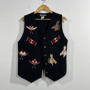Vintage Emblem Womens Wool Embroidered Southwestern Burro Sombrero Vest Medium